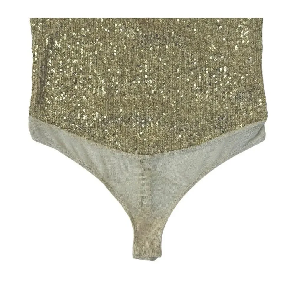 INTIMATELY FREE PEOPLE Sparks Fly Iridescent Gold Shimmery Sequin Bodysuit Sz M - Picture 4 of 12